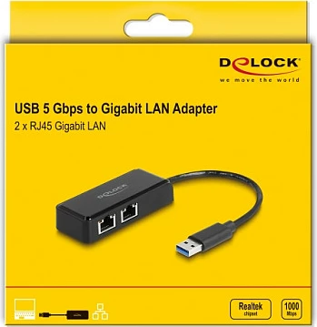 Adapter USB Type-A në 2x Gigabit LAN DeLOCK RTL8153, USB 3.2 Gen 1, i zi