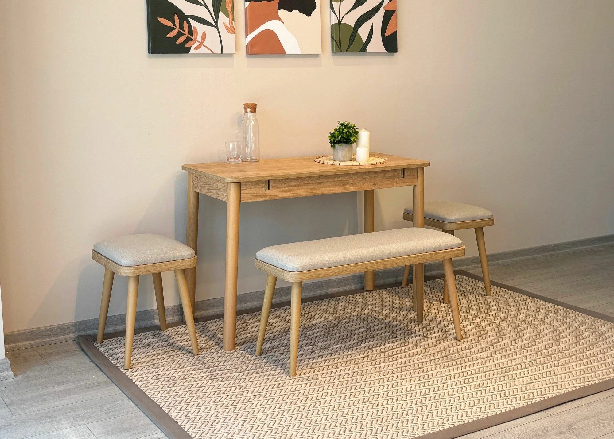 Set tavoline me karrige, zgjatës, 4 pjesë, Skye Decor, Vina Mini 04 1005, ngjyrë lis, krem