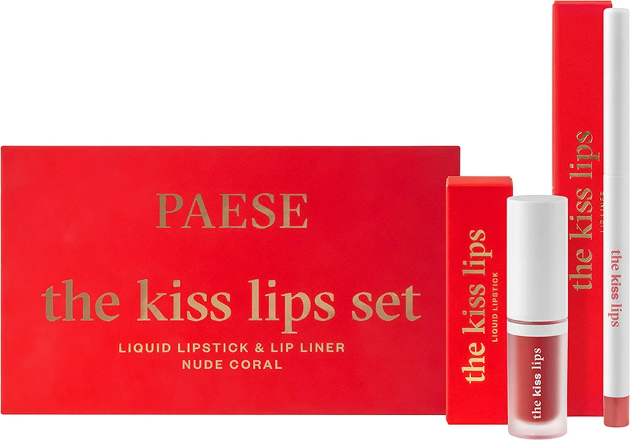 Set buzëkuqi dhe laps për buzë Paese The Kiss Lips 02 Nude Coral për femra, 2 copë