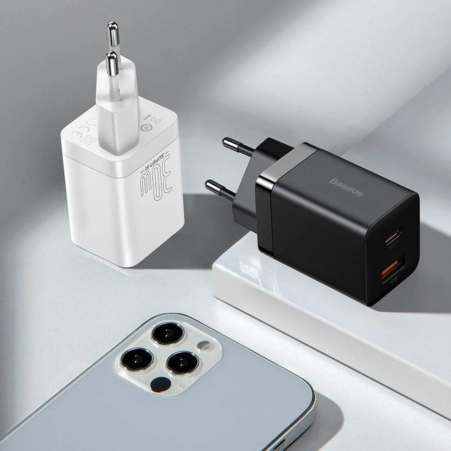 Karikues rrjeti Baseus Super Si Pro CCSUPP-E02 30W PD/QC, 1x USB-A + 1x USB-C, 3A, i bardhë