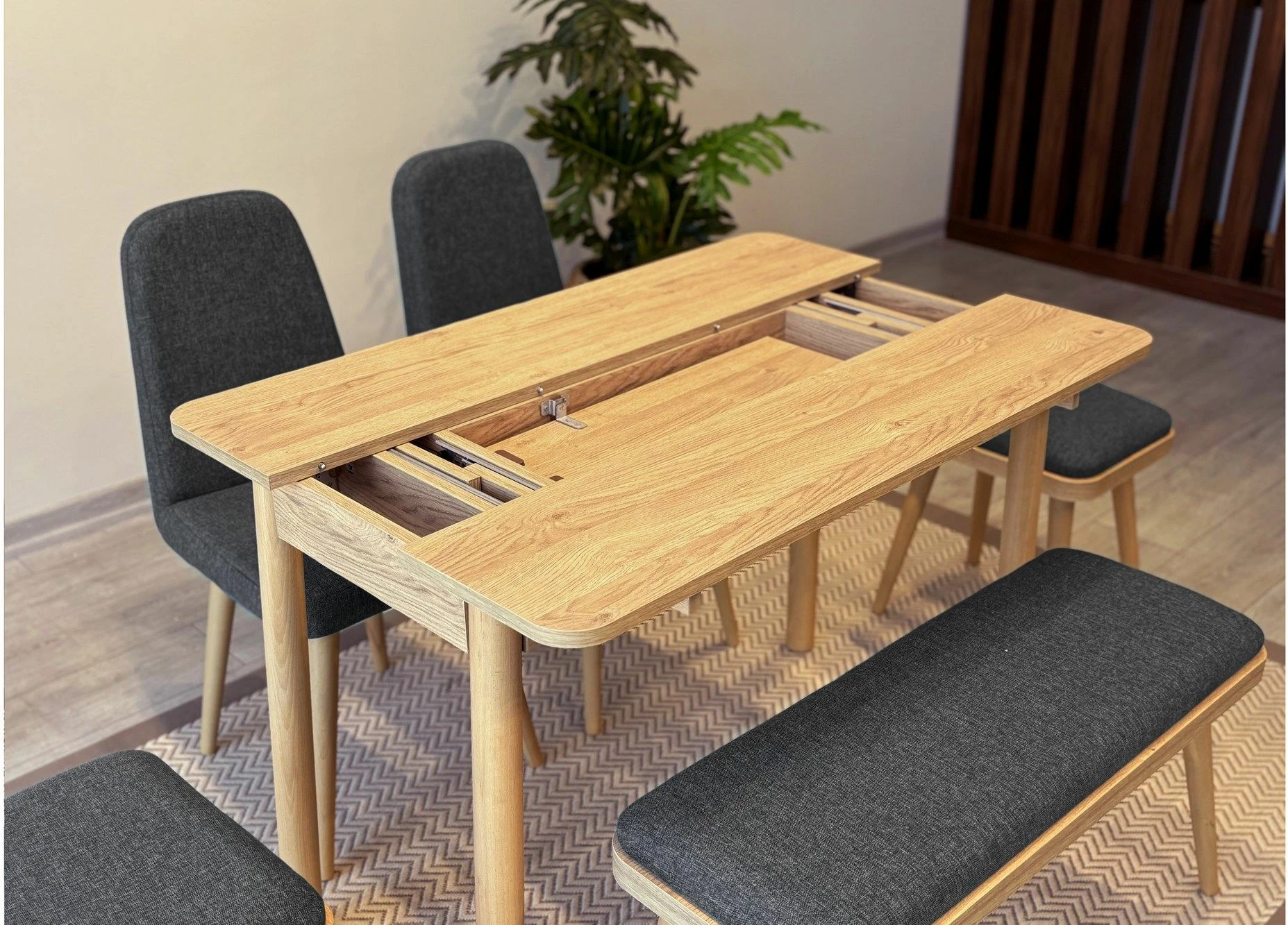 Tavolinë me karrige, set 6 pjesësh, ngjyrë lis dhe antracit, Vina Mini 03 1053