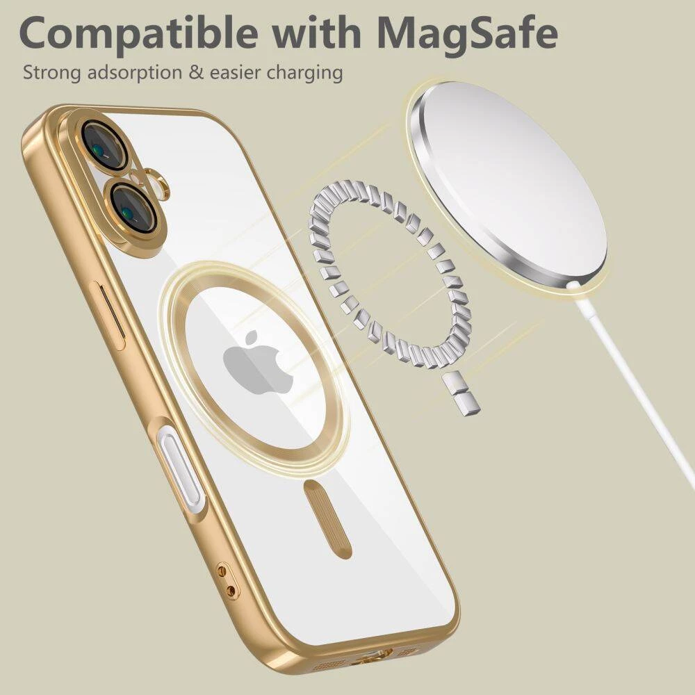 Mbështjellës ONASI Magshiny 23168 për iPhone 16e, MagSafe, transparent me kornizë ari