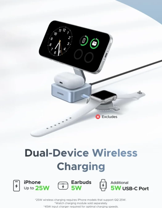 Karikues wireless magnetik 2-në-1 UGREEN MagFlow 55960B Qi2 25W, gri, me kabllo USB-C 1 m