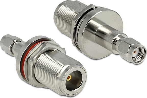Adapter RF Delock N femër në RP-SMA mashkull, panel-mount, 50 Ω, nikel