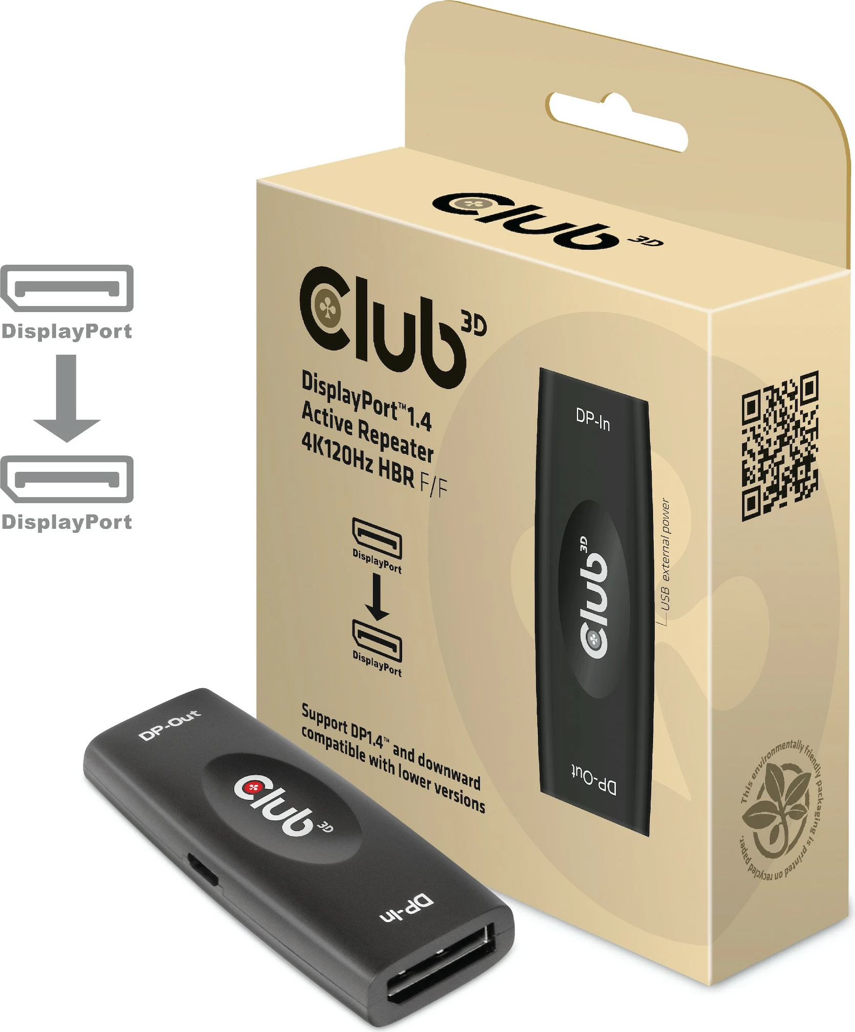 Përsëritës DisplayPort Club3D 1.4, aktiv, Bu/Bu, i zi