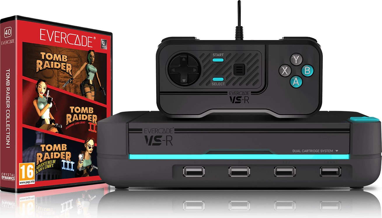 Konzolë lojërash Evercade VS-R 1080p HDMI, WiFi, 2 slota kasetash, me 1 kontrollor + kasetë Tomb Raider Collection 1, gri e errët