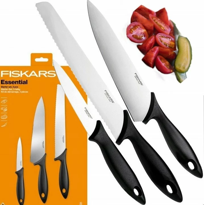Set thikash kuzhine Fiskars Essential Starter 3 copë, inox HRC53, 21/23/11 cm, e zezë