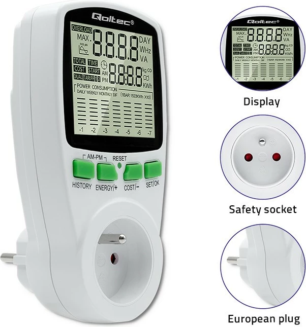 Matës i konsumit të energjisë Qoltec PM0627, 3680W, 16A, LCD, Bardhë