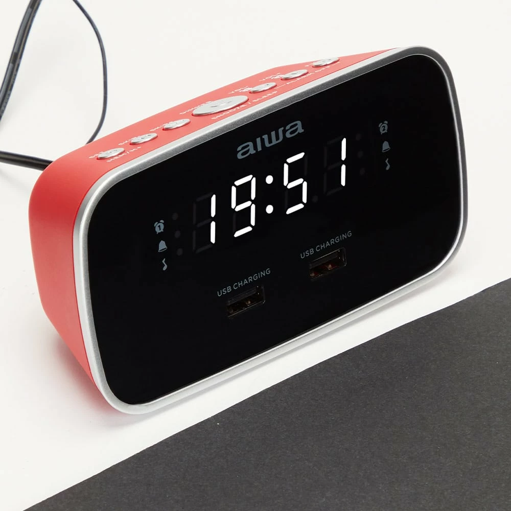 Orë Zgjuese me Radio FM, Dy Alarme dhe Mbushes USB AIWA CRU-19RD (Kuqe)