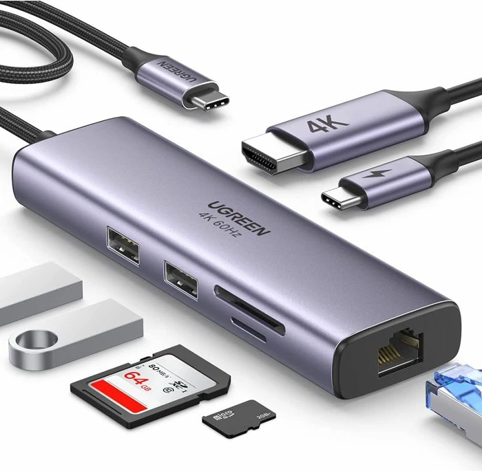 Hub USB-C UGREEN 60515 7-në-1 HDMI 4K@60Hz RJ45 SD/TF 2x USB 3.0 PD 100W, gri
