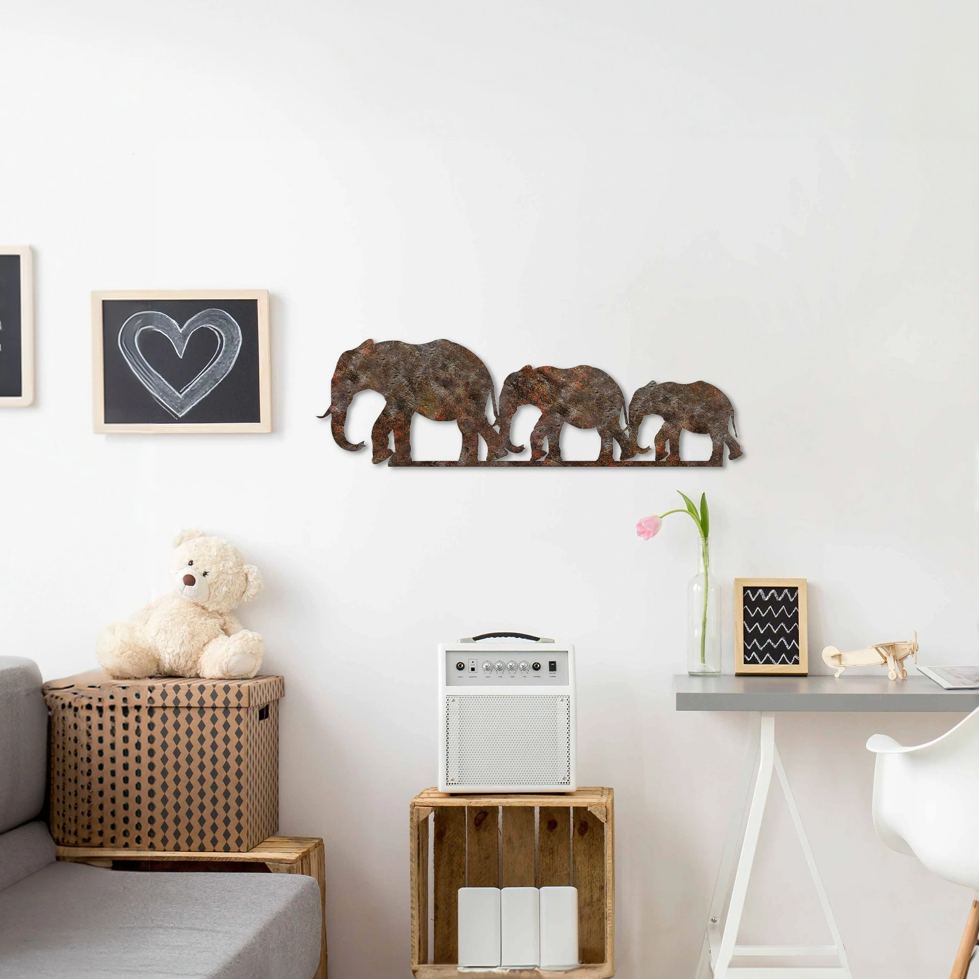 Aksesor dekorativ metalik për mur, elefantë, ngjyrë antike, Wallity