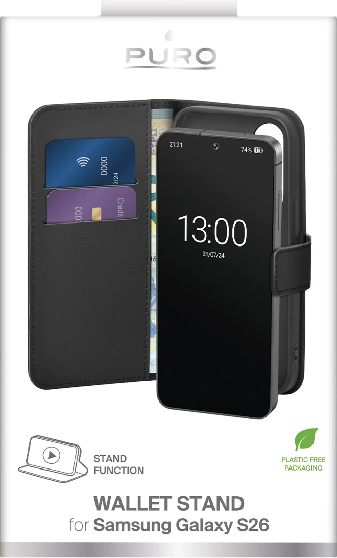 Mbështjellës Puro Wallet Stand për Samsung Galaxy S26, eco-leather me portofol & stand, i zi