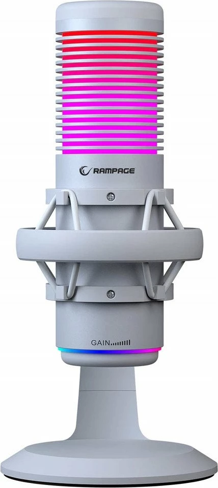 Mikrofon Rampage Bemol RGB USB-C/3.5mm kardioid/omni me tripod dhe shock mount, i bardhë