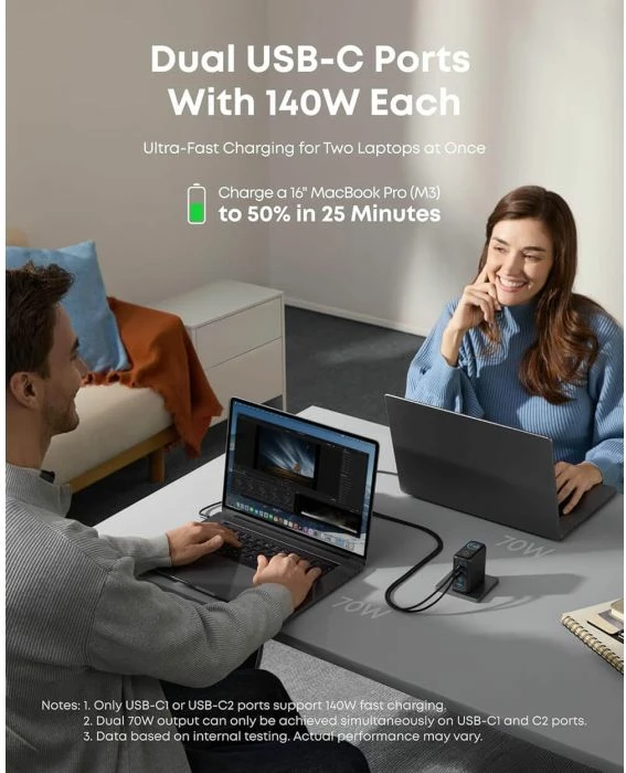 Karikues ANKER B2697 140W GaN, 4 porta (3x USB-C + USB-A), PD 3.1, me ekran, kabllo USB-C 1.5m, Dark Gray