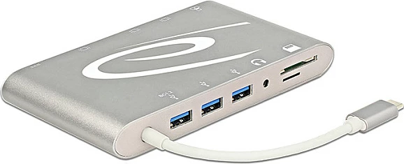 Docking station USB-C DeLOCK 87298, HDMI/miniDP/VGA, RJ-45, 3x USB-A, SD/microSD, 3.5mm, argjendtë
