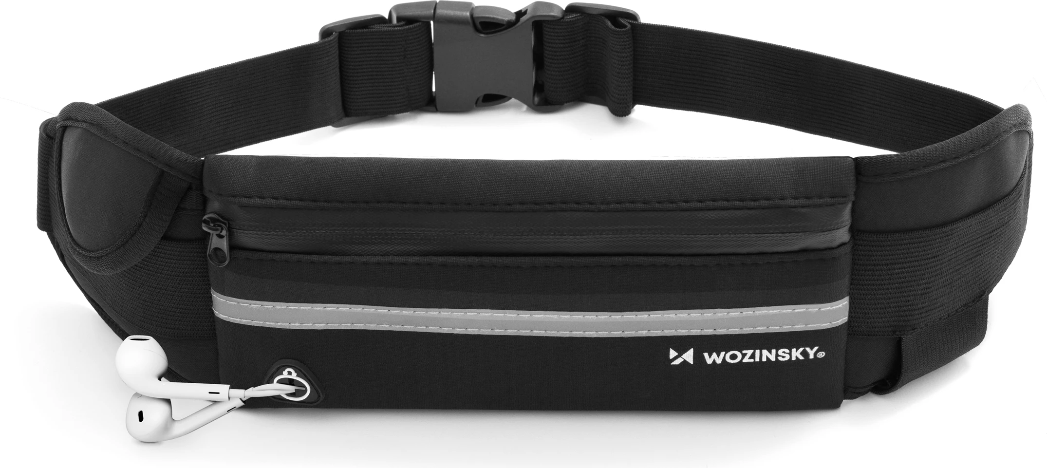 Rrip vrapimi, Wozinsky WRBBK1, neopren, i zgjërueshëm me 2 xhepa dhe mbajtës shishe, i rregullueshëm me rrip e kapëse, shirit reflektues, për telefona deri 175x90x15 mm, i zi