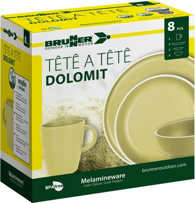 Set servisi kampingu BRUNNER Tête-à-Tête Dolomite, 8 copë, melaminë "Stone Touch", për 2 persona, i verdhë e hapur