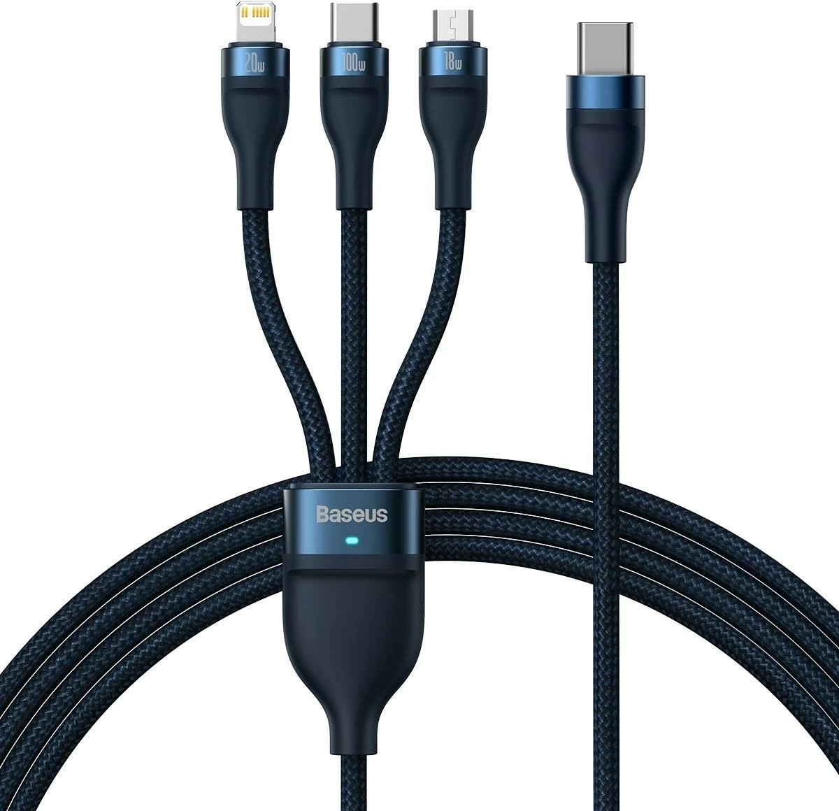 Kabllo 3-në-1 Baseus Flash Series II, 1.5m, 100W, USB-A/USB-C/Lightning/Micro USB, Blu