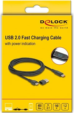 Kabll USB DeLOCK USB-A/USB-C në USB-C, PD 3.1 140W, 1.2m, me ekran, i zi
