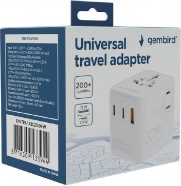 Adapter udhëtimi universal murit, Gembird, TPA-1A2C20-01-W, 20W GaN me 2x USB-C + USB-A dhe prizë AC, me plugje US/UK/EU/AU, i bardhë