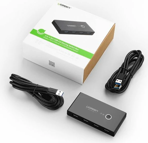 Switch USB UGREEN 30768, 4x USB 3.0, për 2 kompjuterë, i zi, set me 2 kabllo USB