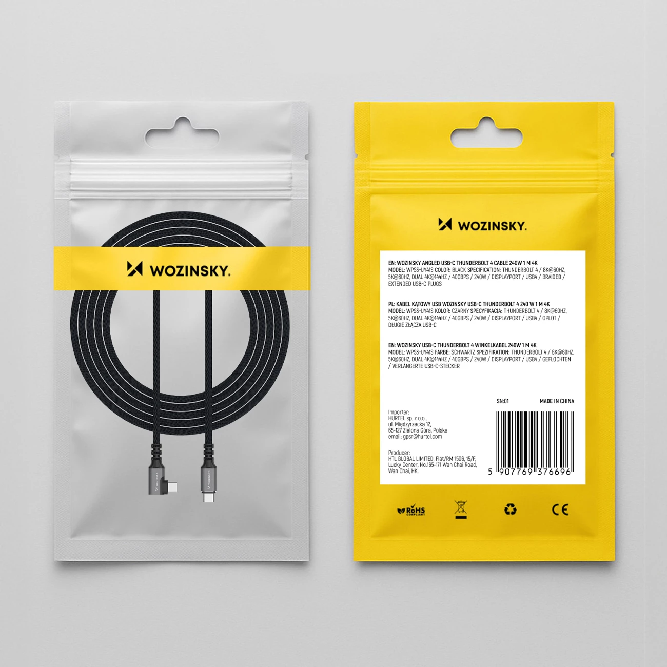 Kabllo USB-C Thunderbolt 4 me kënd 90°, Wozinsky WPS2-UY41S, 240W 40Gbps 2m, e zezë