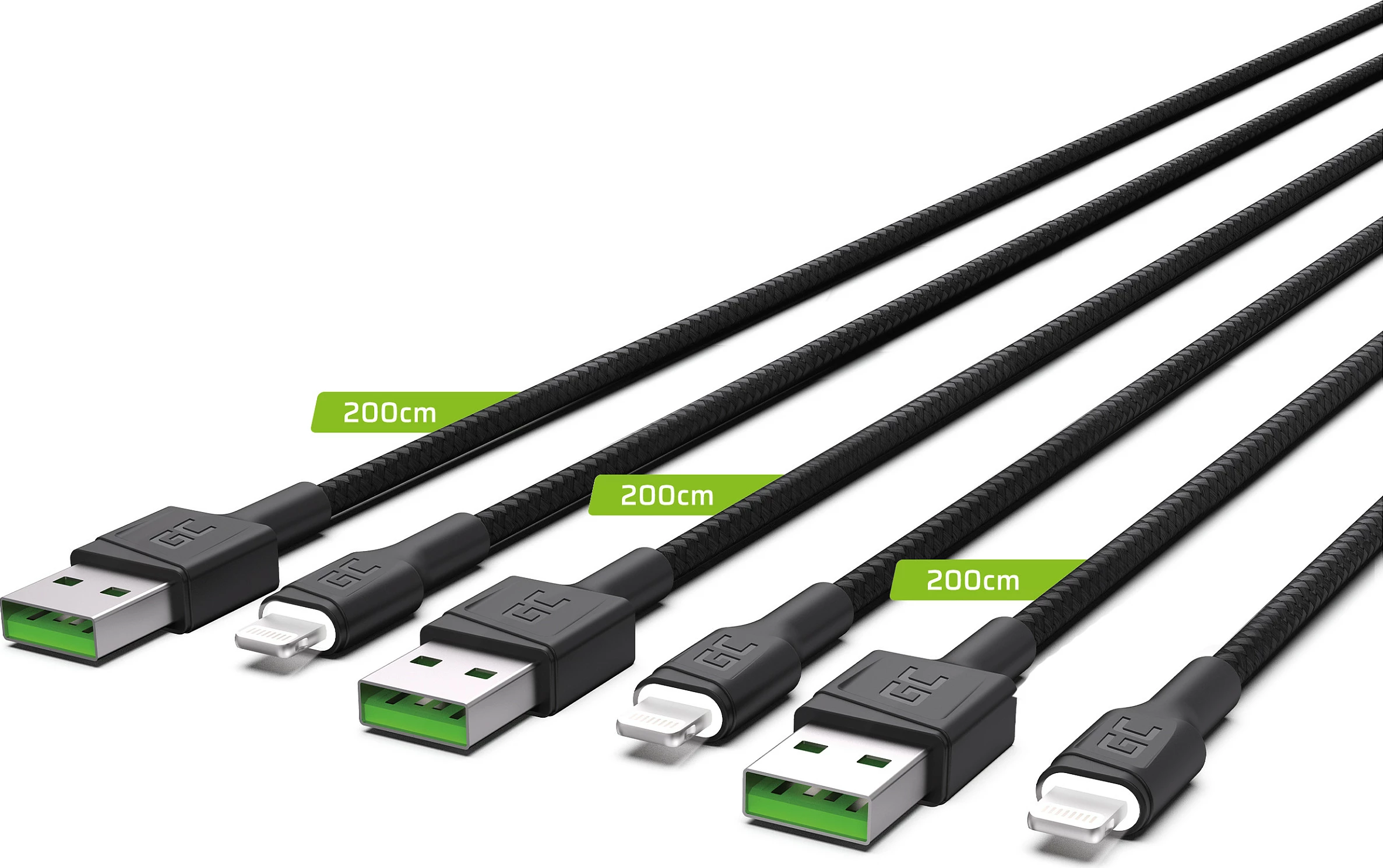 Kabl USB-A në Lightning Green Cell KABGCSET06, 2 m, set 3 copë, i zi