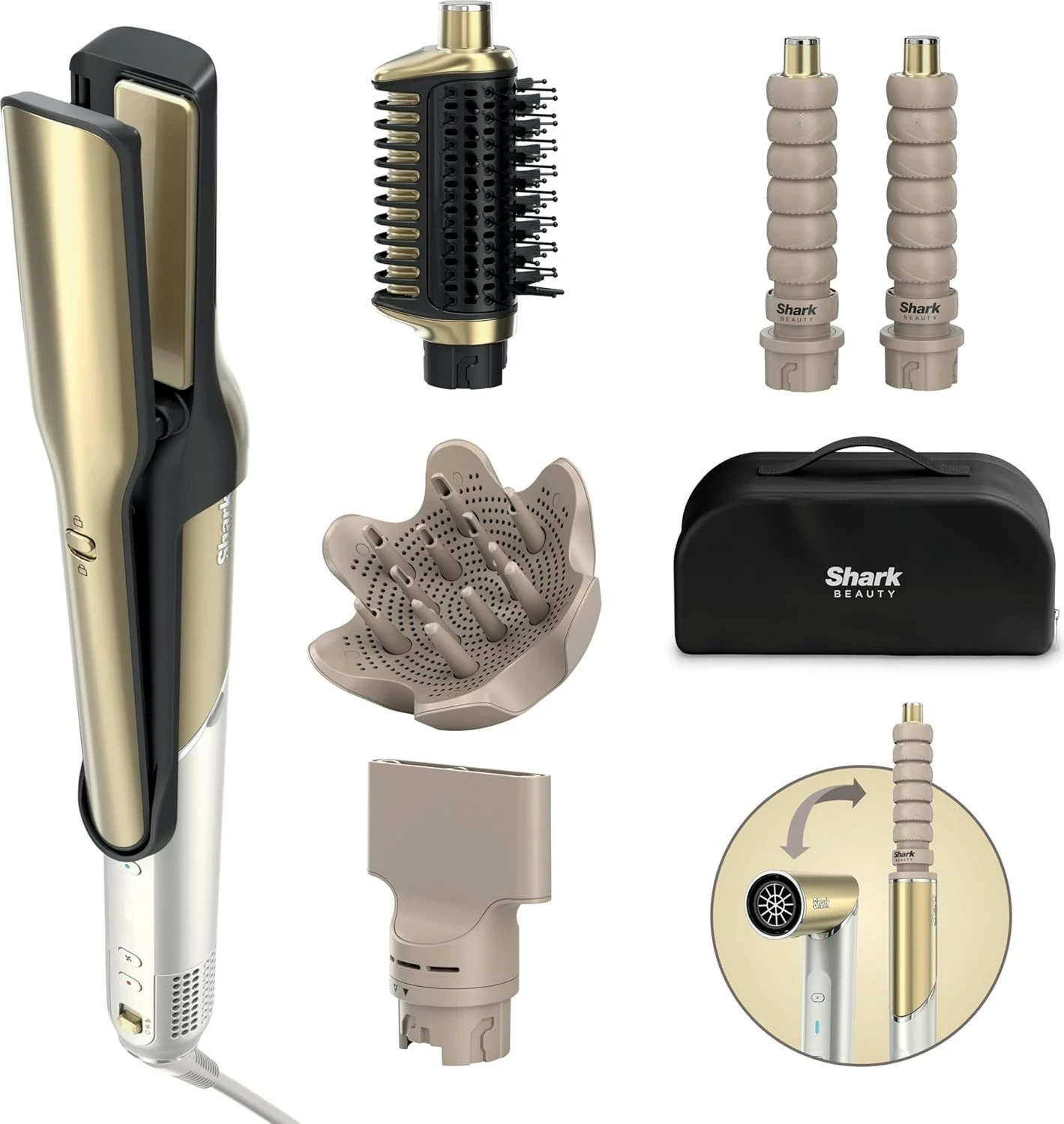 Drejtuese flokësh Shark Glam HD6052SEU, 5 shtojca, rregullim temperature, ngjyrë gold