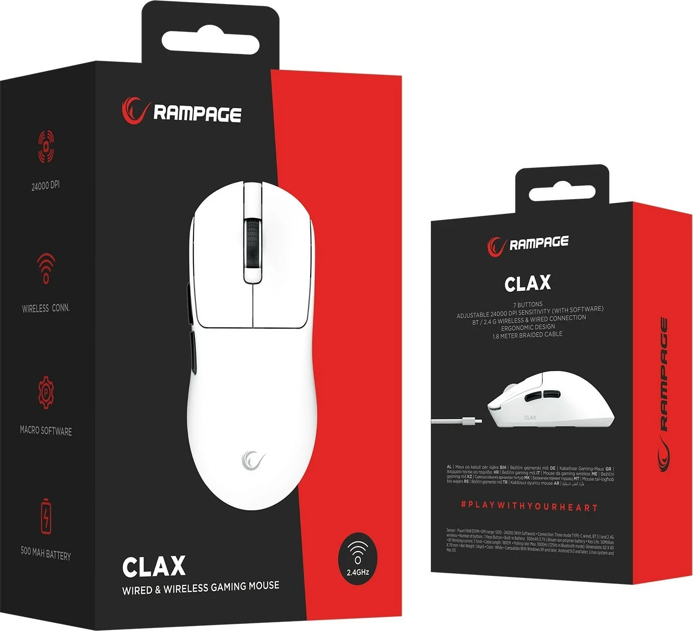 Maus Rampage Clax PAW3311, 24000 DPI, 1k Hz, Bluetooth 5.1, i bardhë