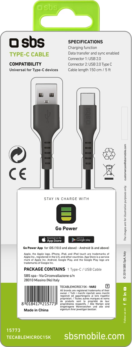 Kabllo USB-A në USB-C SBS TECABLEMICROC15K 1.5m, e zezë