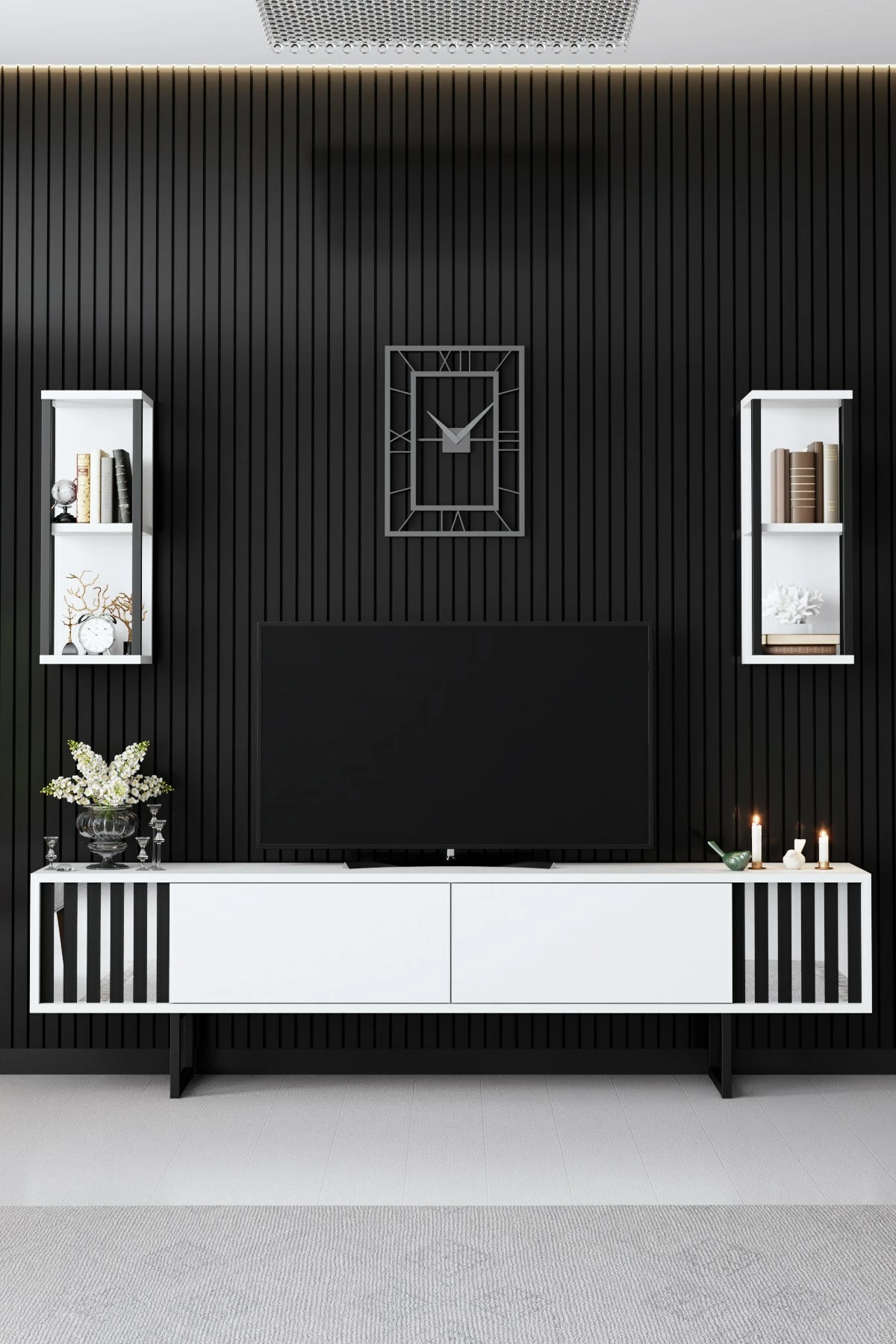 Komodë TV Hanah Home, Chrome Line, e bardhë dhe e zezë