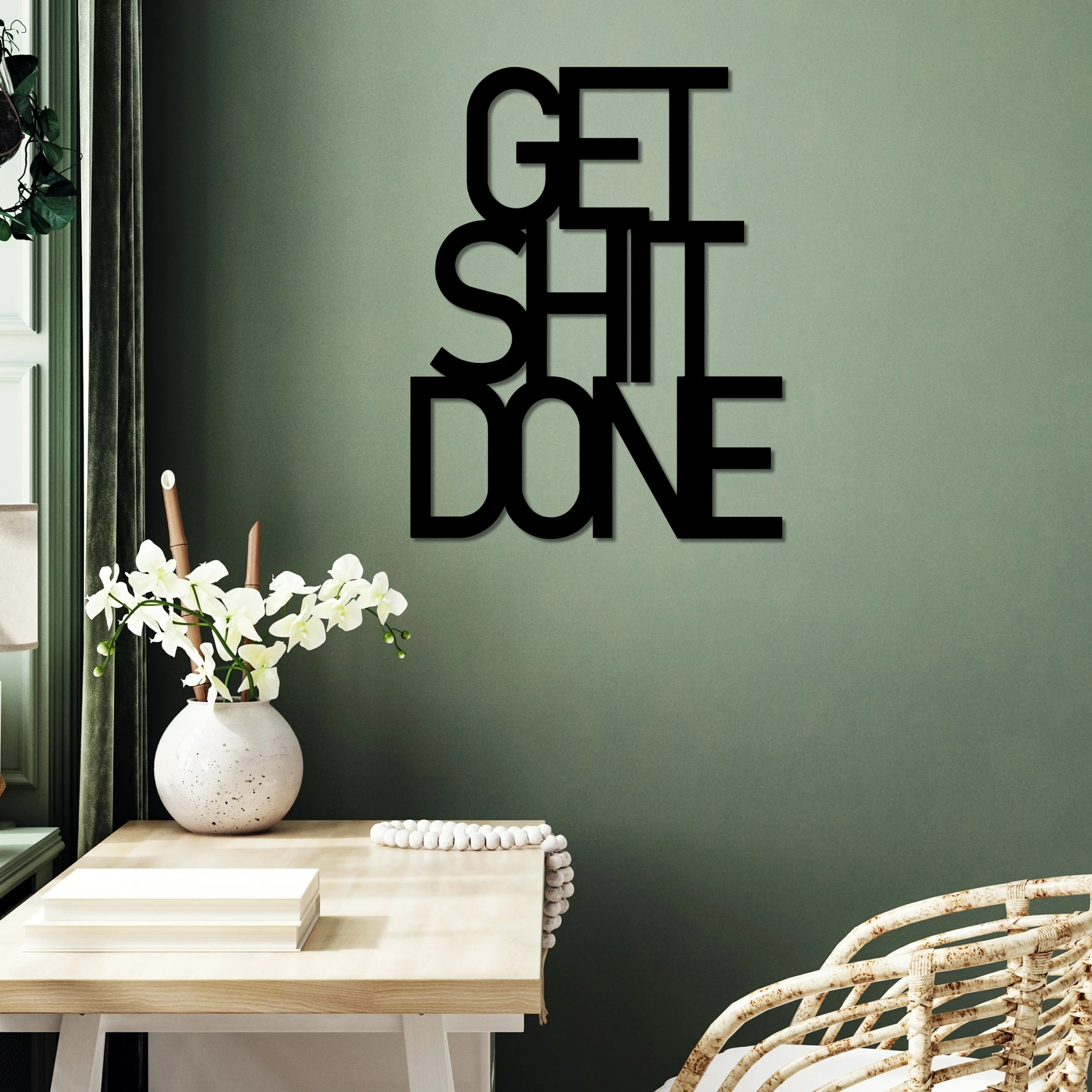 Aksesor metalik dekorativ për mur, Wallity, Get Shit Done, 38x48cm, i zi
