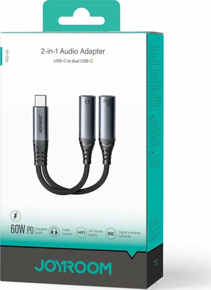 Adapter USB-C Joyroom SY-C03 2n1 DAC, 60W, 0.14 m, i zi