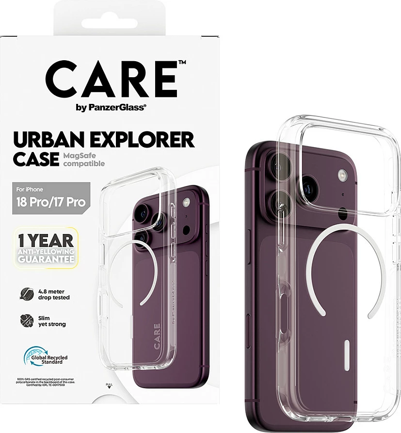 Mbështjellës PanzerGlass CARE Urban Explorer, MagSafe, për iPhone 17 Pro, transparent/te bardhë