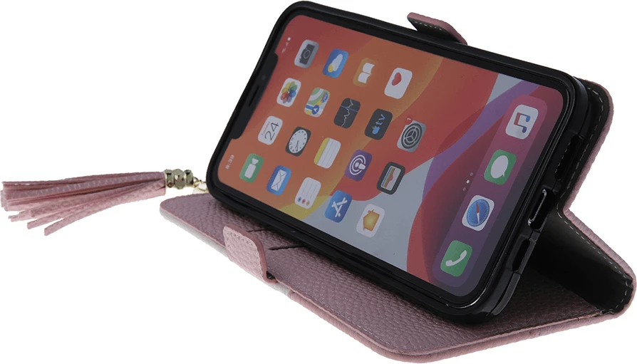 Mbështjellës flip ONASI Beauty për iPhone 14, PU lëkurë, 2 xhepa kartele, me zinxhir me varëse, rozë