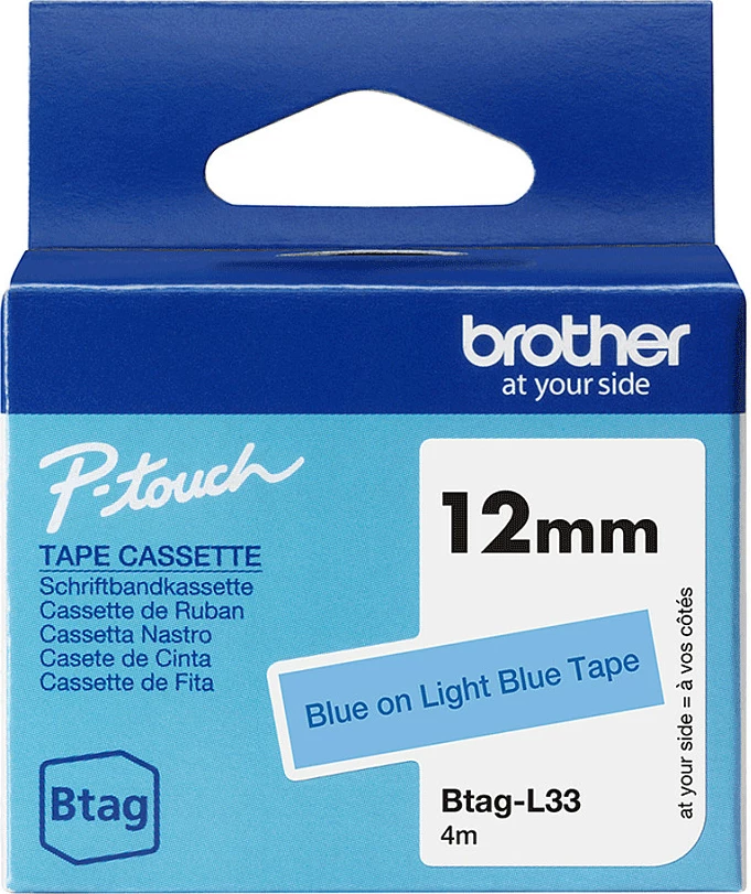 Kasetë shirit etiketash Brother Btag-L33, 12mm x 4m, për P-touch PT-N10/PT-N20/PT-N25BT, Blu në Blu të çelët