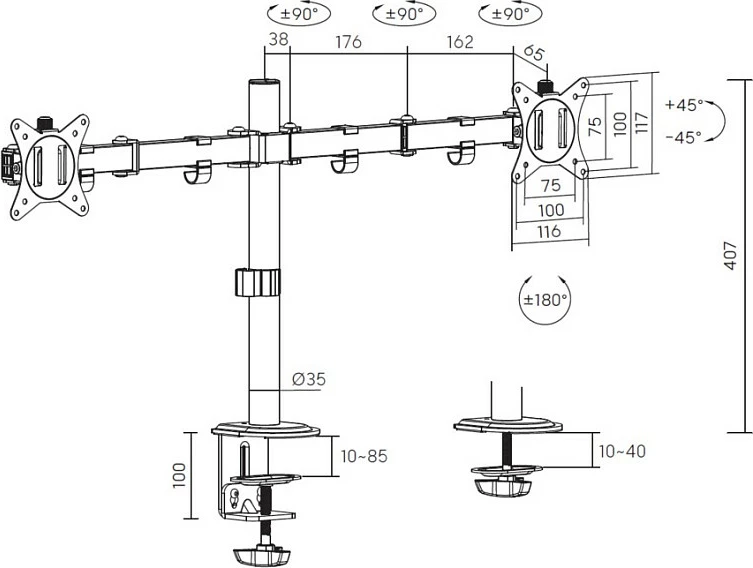 Mbajtëse tavoline për dy monitorë EQUIP 650167, 17"-32", VESA 75x75/100x100, 18 kg, e bardhë