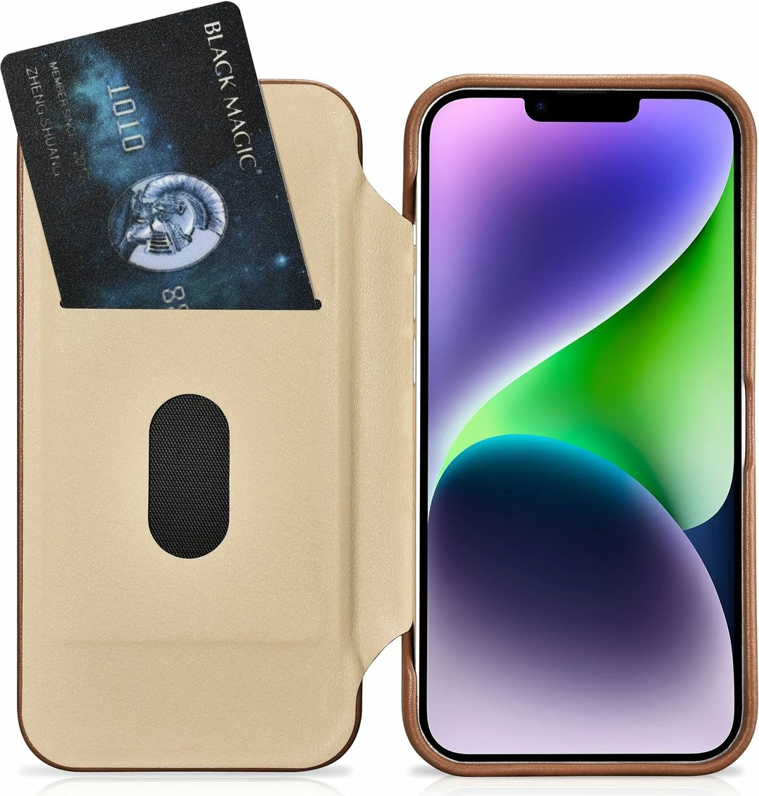Mbështjellës lëkure iCarer CE Premium Folio për iPhone 14, MagSafe, kafe