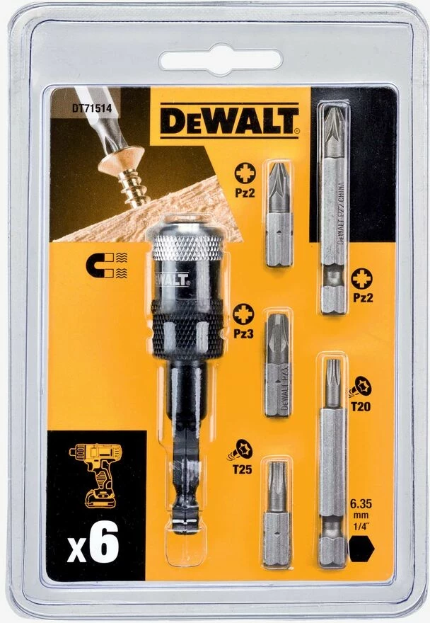 Mbajtës magnetik për bit me bllokim, DeWalt DT71514, 1/4\" (6.35 mm), PZ2/PZ3/T20/T25, set 6 copë