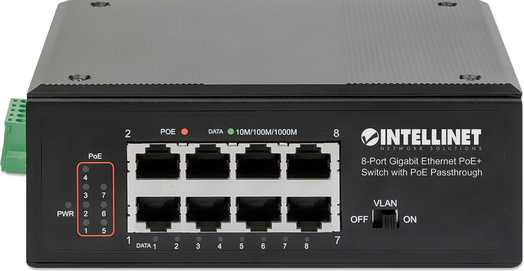 Switch industrial Intellinet 8-Port Gigabit PoE+ me PoE Passthrough, DIN-Rail, i zi