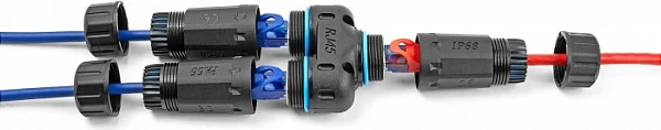 Adapter RJ45 DeLOCK Cat6a IP68, 1x RJ45 në 2x RJ45, i zi/kaltër