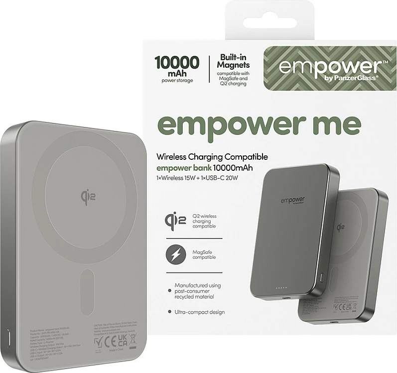 Power bank PanzerGlass empower 10000mAh, Qi2 15W, USB-C 20W, MagSafe kompatibil, Titanium
