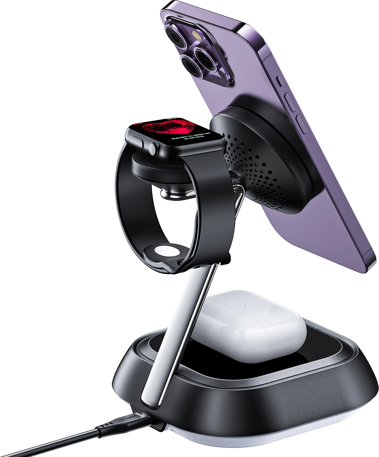 Stacion karikimi 3-në-1 Acefast E16, 15W, për telefon, orë dhe kufje, e zezë