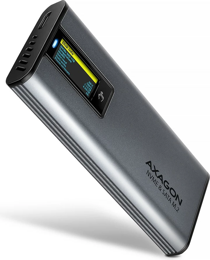 Kasë e jashtme AXAGON EEM2-SD2, për SSD M.2 NVMe/SATA, USB-A/C 3.2 Gen2, ekran LCD, Gri