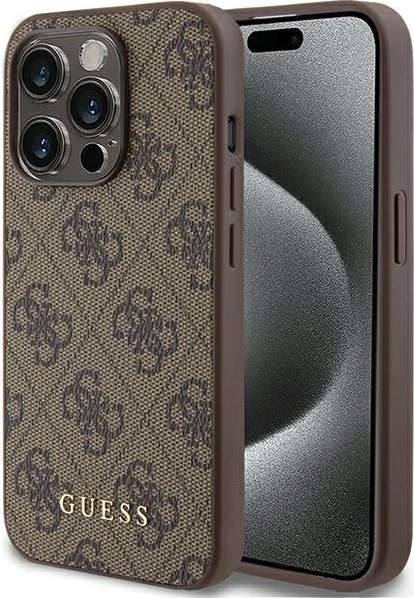 Mbështjellës Guess 4G Metal Gold Logo për iPhone 15 Pro, Kafe