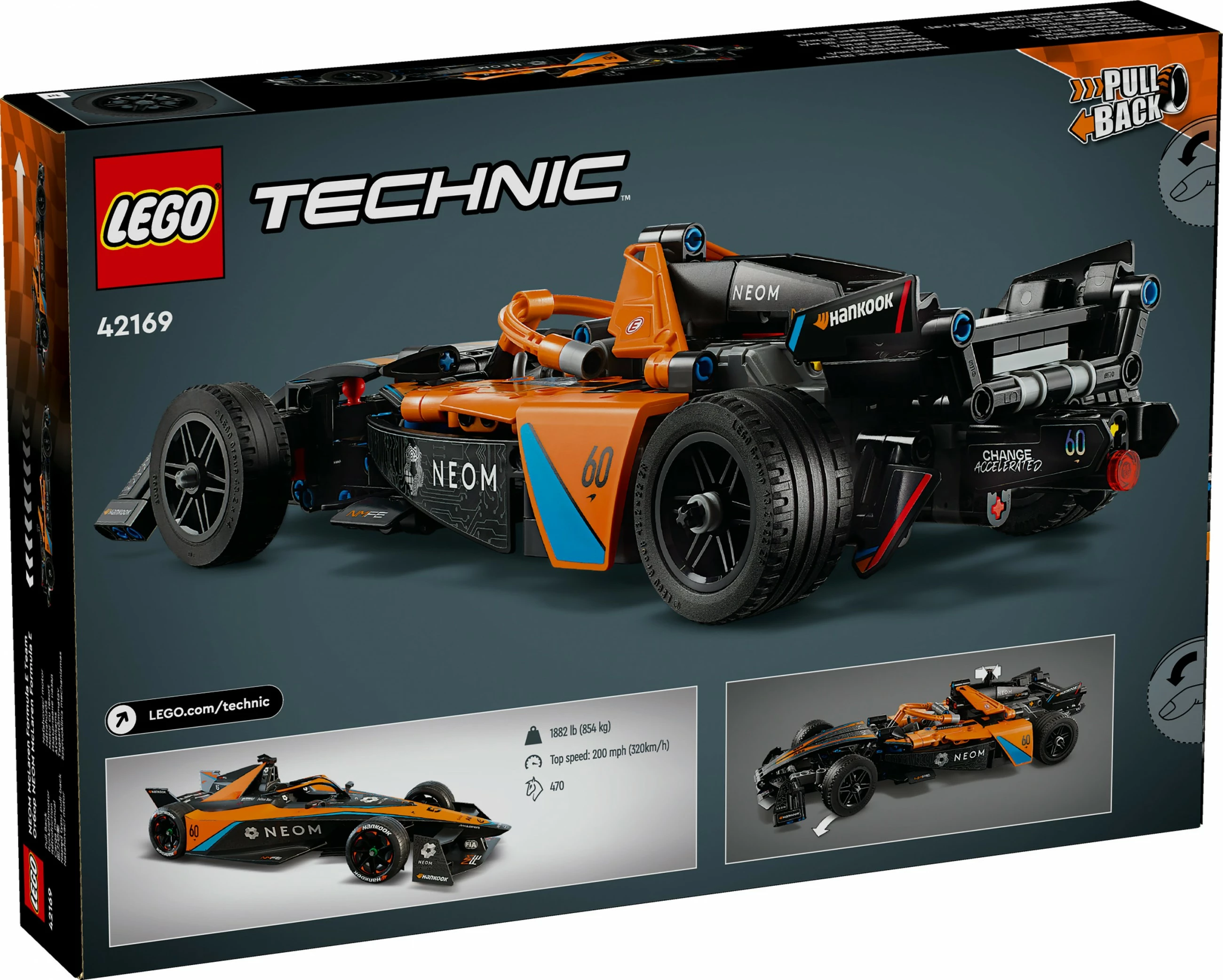 Set ndërtimi LEGO Technic NEOM McLaren Formula E 42169, 452 pjesë, pull-back, shumëngjyrësh