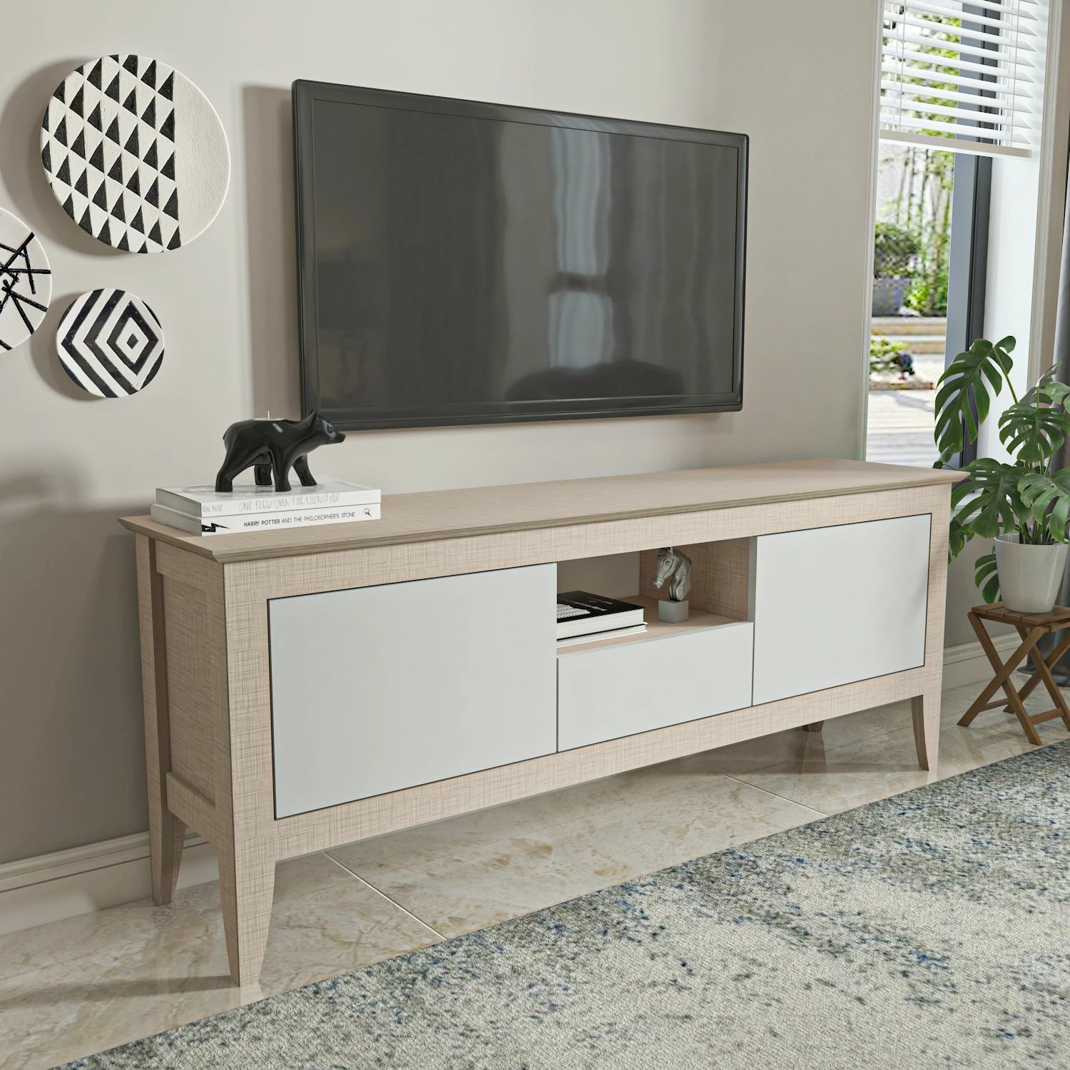 Komodë TV moderne Skye Decor, ngjyrë bezhë dhe e bardhë