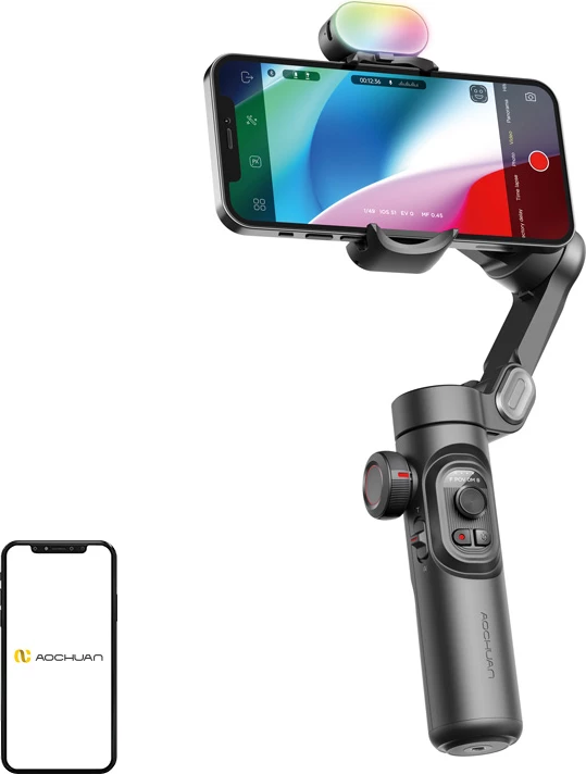 Gimbal për celular AOCHUAN Smart XE, stabilizim 3-aks, modul RGB 7-ngjyra, deri 250 g, set me tripod, i zi