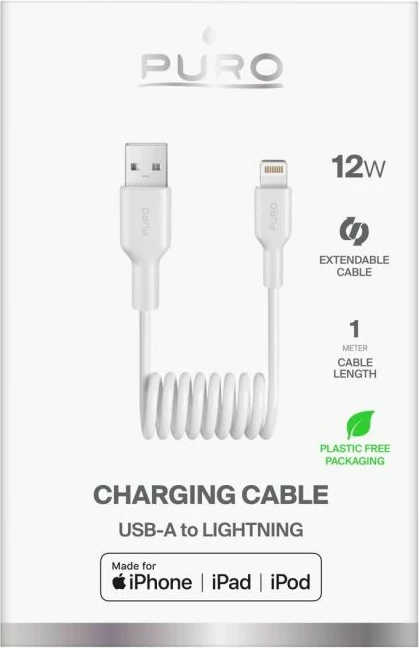 Kabëll spiral USB-A në Lightning Puro 12W, i bardhë, 1m