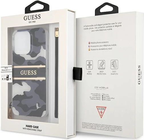 Mbështjellës Guess GUHCP13XKCABBK për iPhone 13 Pro Max 6.7", Camo, i zi, me varëse
